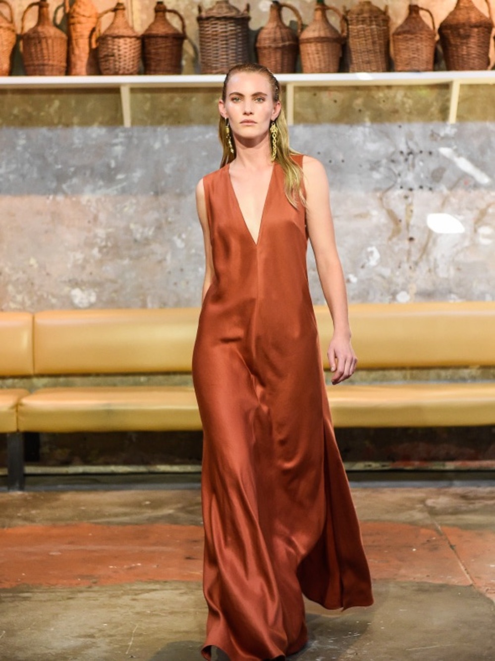 BONDI BORN Deep V Maxi Dress in Burnt Orange size M